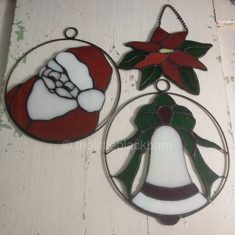 Stained Glass, Set of 3 Nice, Poinsettia, Santa, and Bell, Vintage Holiday Ornaments