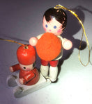 Wooden, Boy with Basketball & Boy on Sled, Set of 2, Vintage, Christmas, Ornaments
