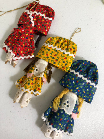 Handmade Clothespin Doll Set of Three Vintage Ornaments