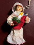 Baby Doll Holding Candle and Stocking, Vintage Christmas Ornament