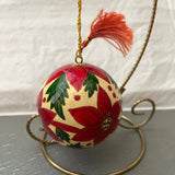 Pretty Poinsettia ornament with matching wooden storage cube, vintage collectible ball ornament