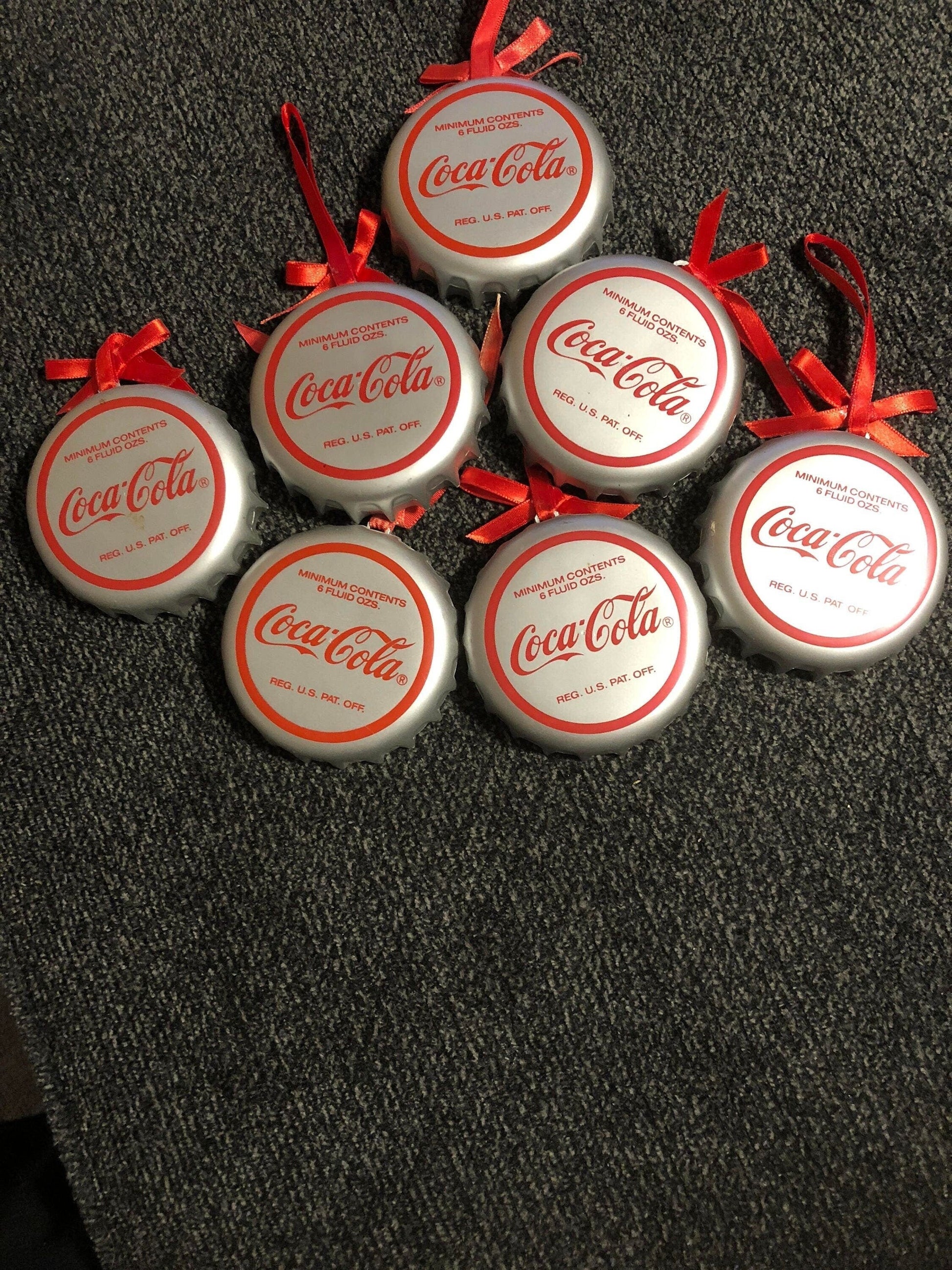 Set of 7 Coca Cola Bottle Cap Ornaments, Coke Bottle Cap, Vintage, Christmas, Ornament