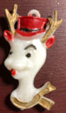 Reindeer Wearing a Christmas Hat & Scarf, Small Plastic, Vintage Christmas Ornament