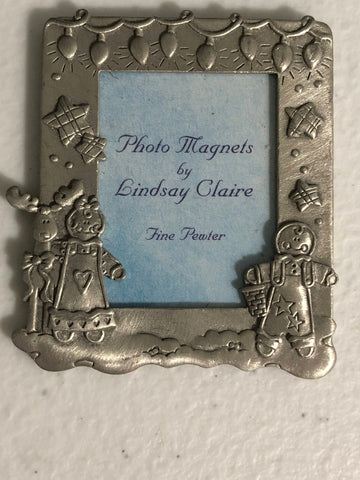 Pewter, Christmas Tree Lights, Gingerbread and Stars, vintage Magnetic Photo Frame