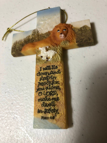 Holy Cross with Lion and Psalm, Vintage Ceramic Christmas Ornament