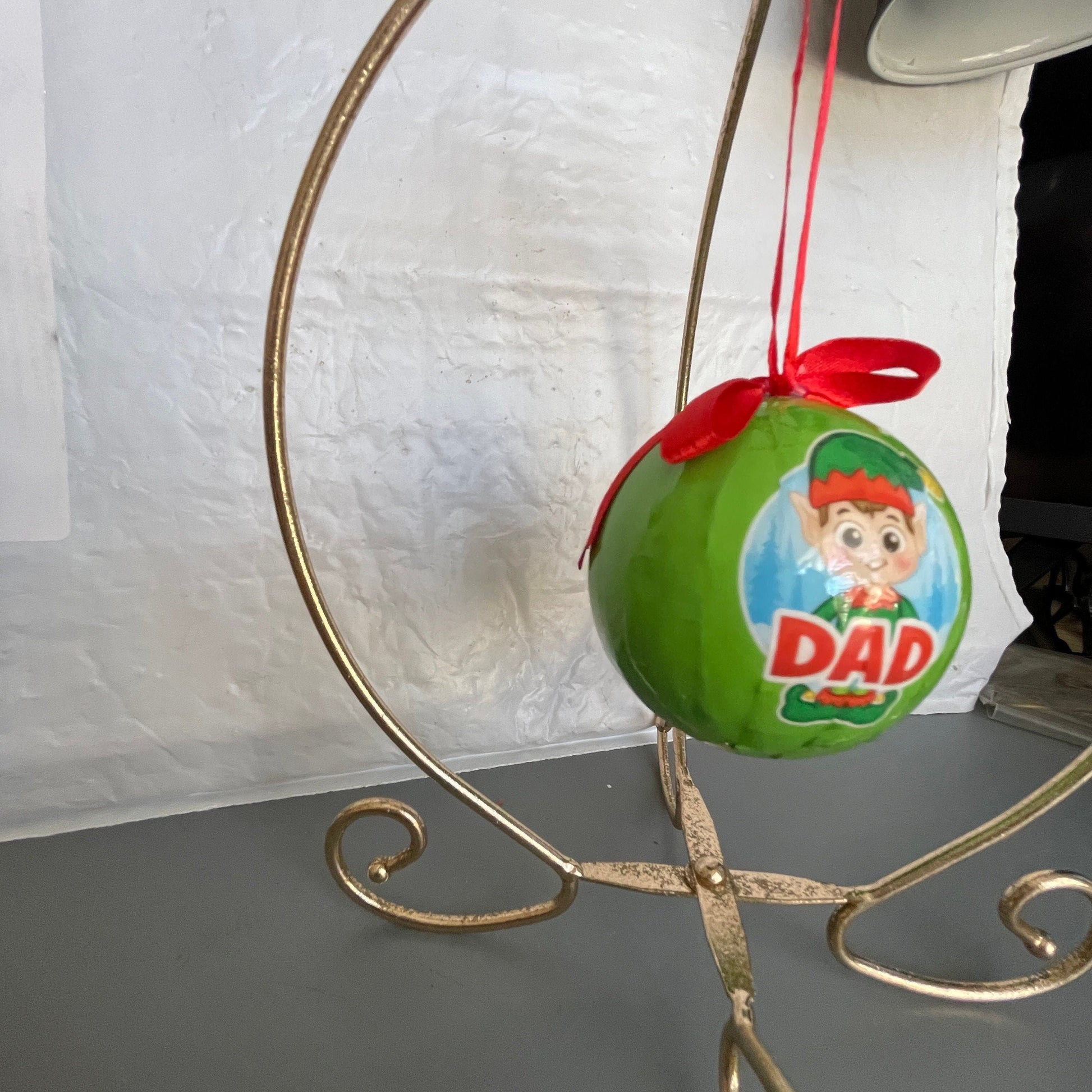 Dad Elf Green Plastic Ball Ornament with Red Ribbon Hanger Vintage Christmas Tree Ornament