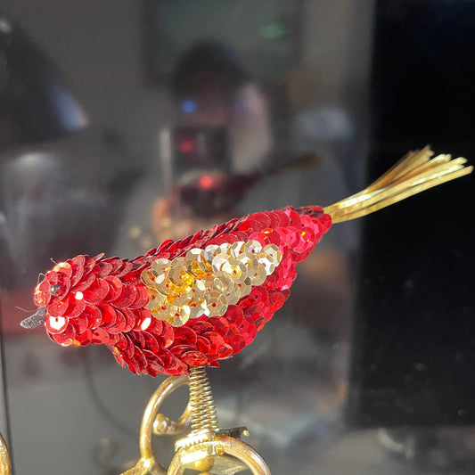 Avon Ravishing Red and Gold Sequin Bird Vintage Clip On Christmas Tree Ornament