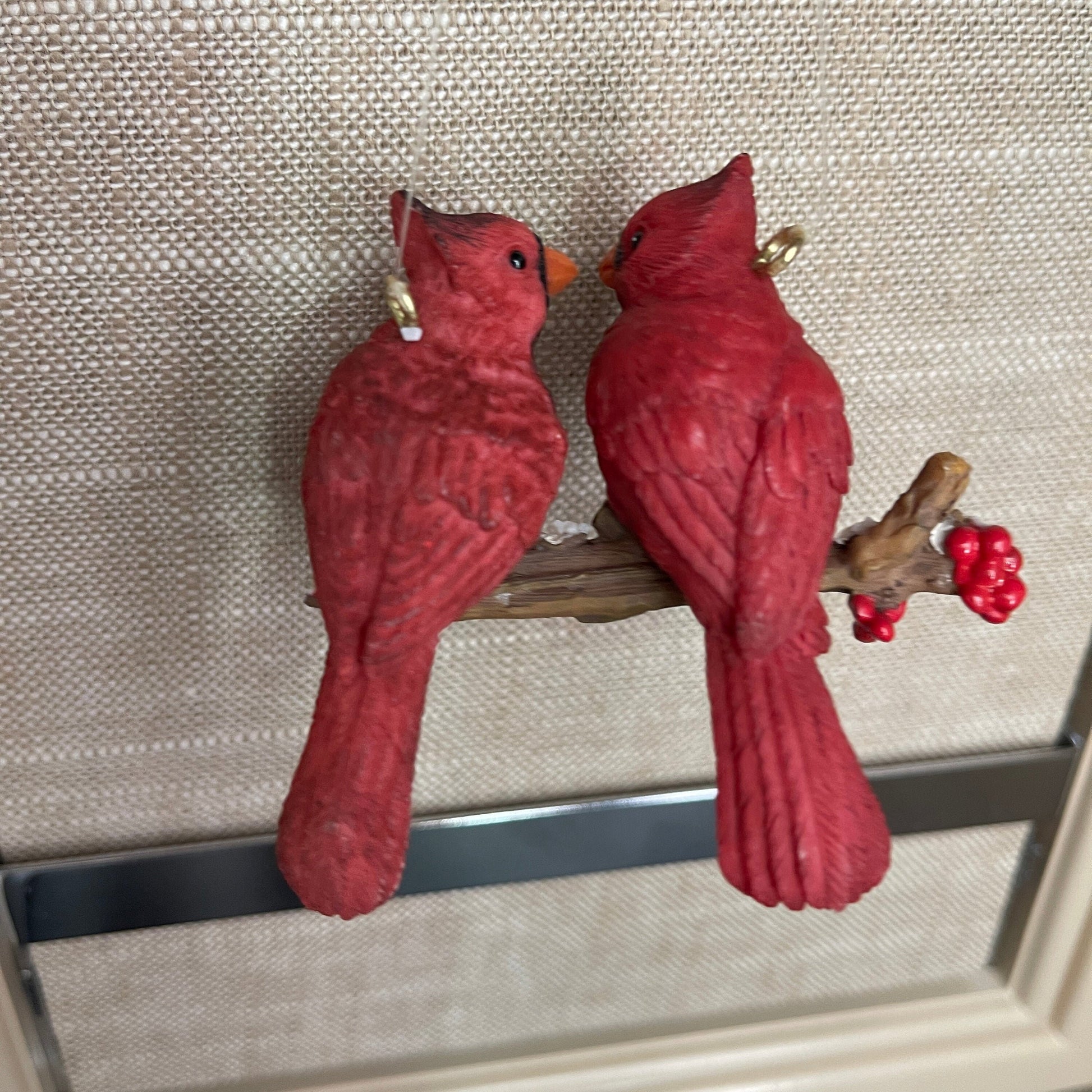 Cute Cardinal Couple sitting on a tree branch vintage Christmas ornament