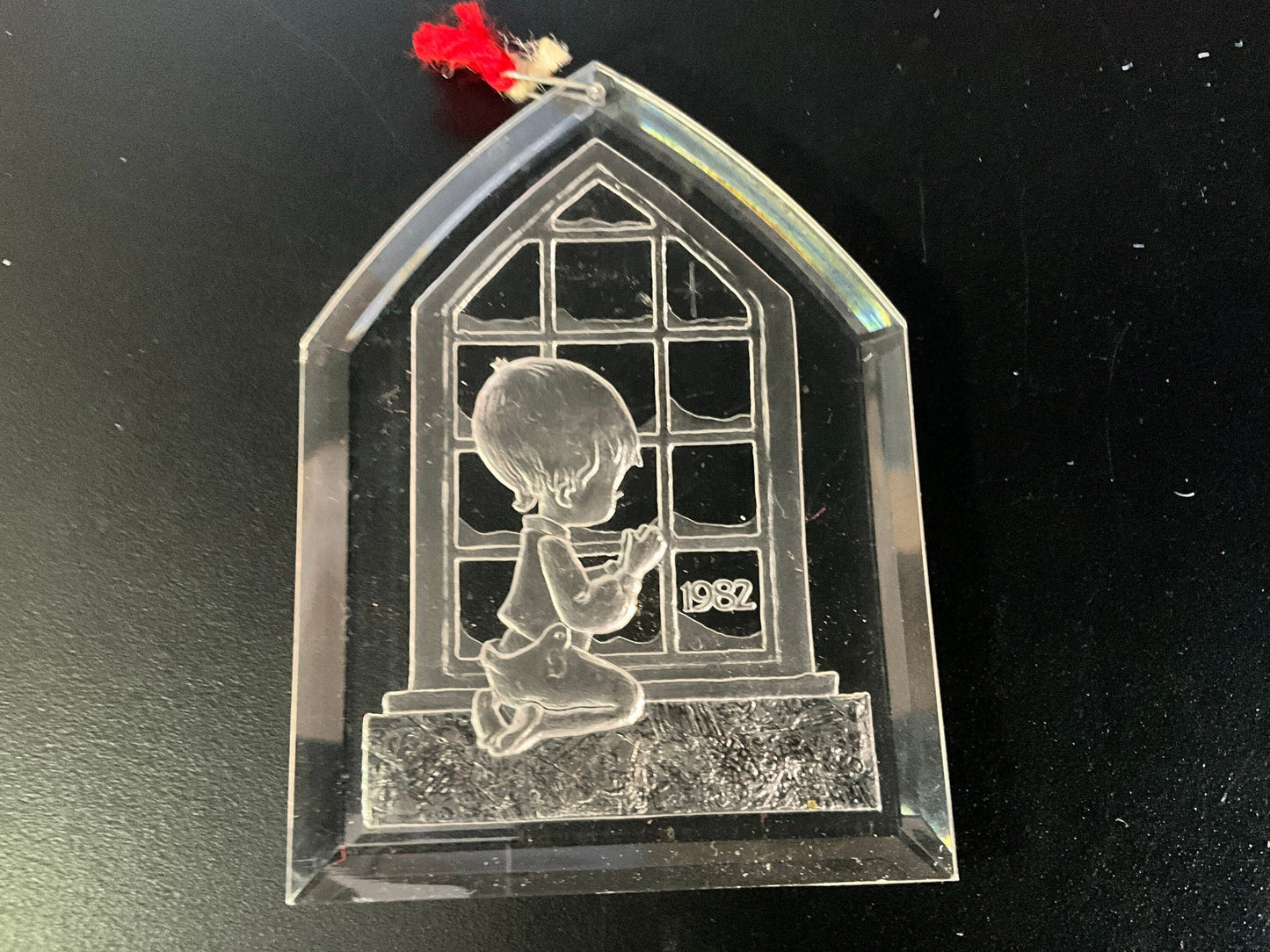 Christmas Treasure child in prayer vintage 1982 clear acrylic ornament with red felt cover