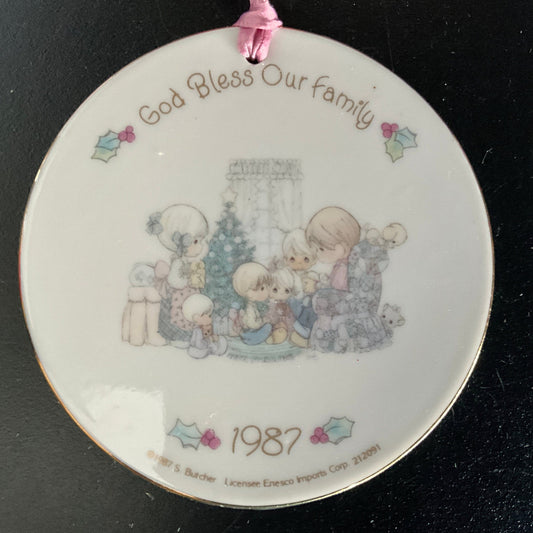 Precious Moments God Bless Our Family dated 1987 porcelain Christmas ornament