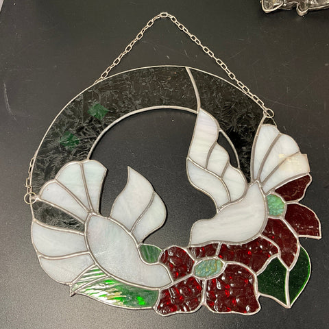 Lovely leaded stained glass love birds and poinsettias wreath large vintage window decor sun-catcher with hanger chain