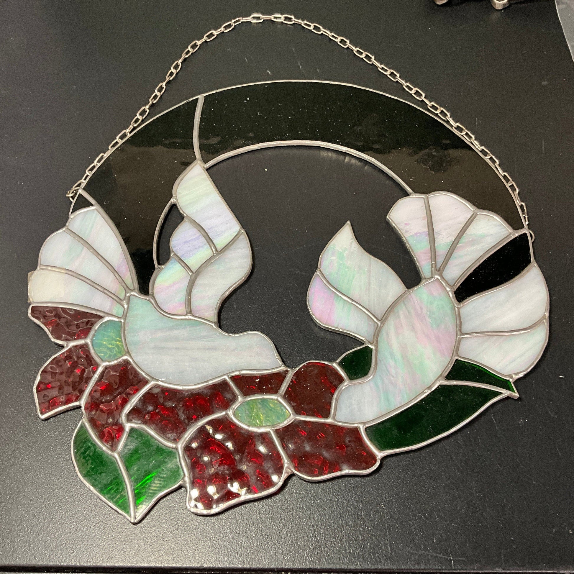 Lovely leaded stained glass love birds and poinsettias wreath large vintage window decor sun-catcher with hanger chain