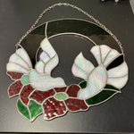 Lovely leaded stained glass love birds and poinsettias wreath large vintage window decor sun-catcher with hanger chain