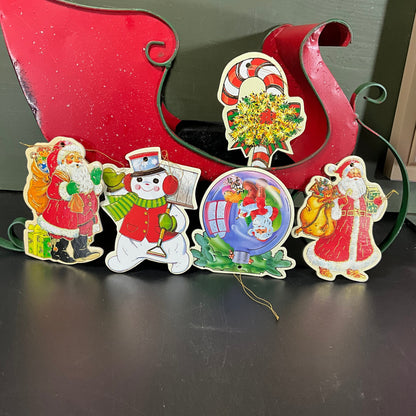 Sensational Santa Clauses Candy Cane and Snowman set of 5 vintage cardboard cutout Christmas ornaments
