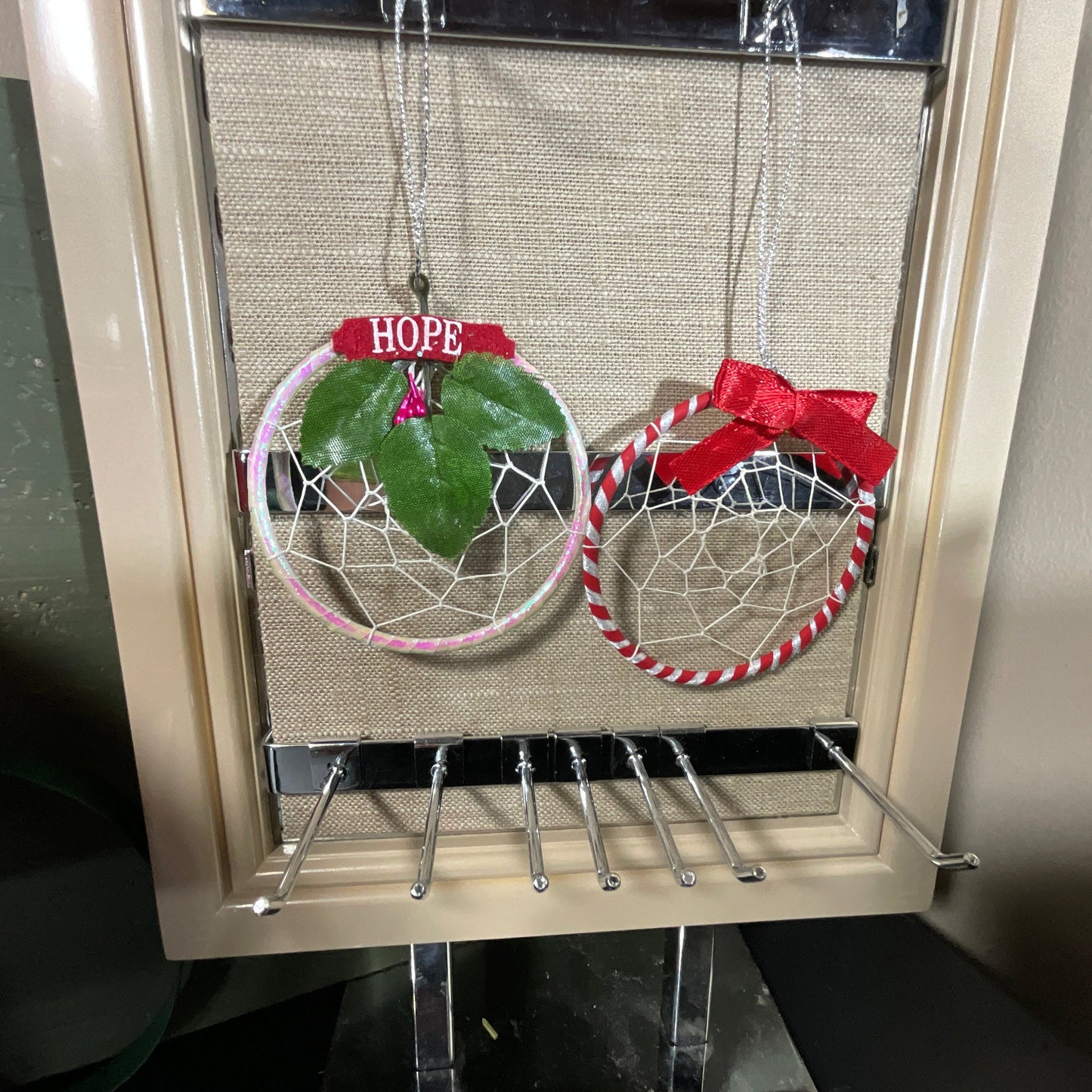 Dreamcatcher Hope with HMistletoe and red striped with red ribbon set of 2 ornaments